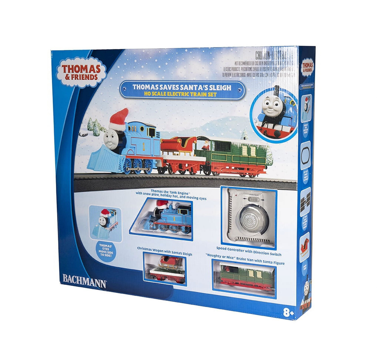 Thomas & Friends Thomas Saves Santa's Sleigh HO scale electric train set box showing blue Thomas engine with Santa hat, red and green cars, speed controller, an