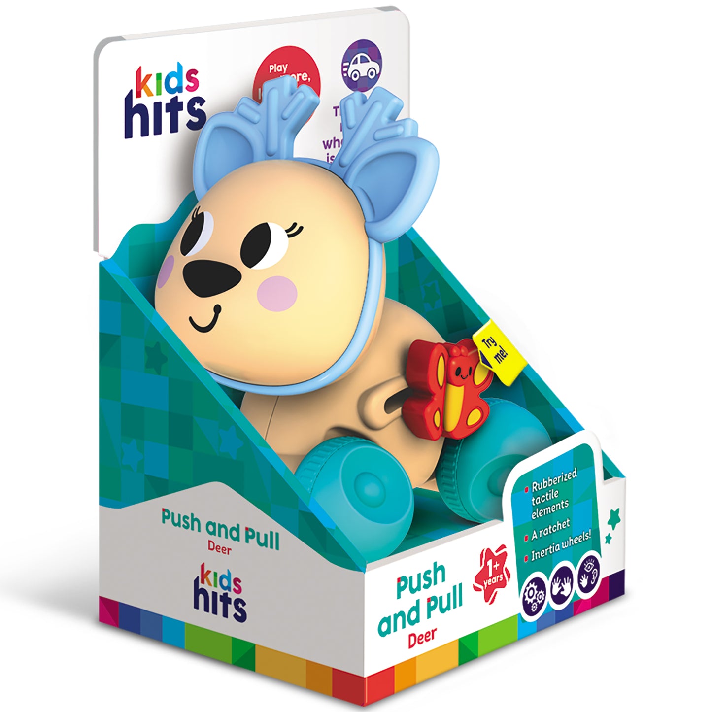Kids Hits Push and Pull Deer toy with blue ears, tan body, inertia wheels, and ratchet sound