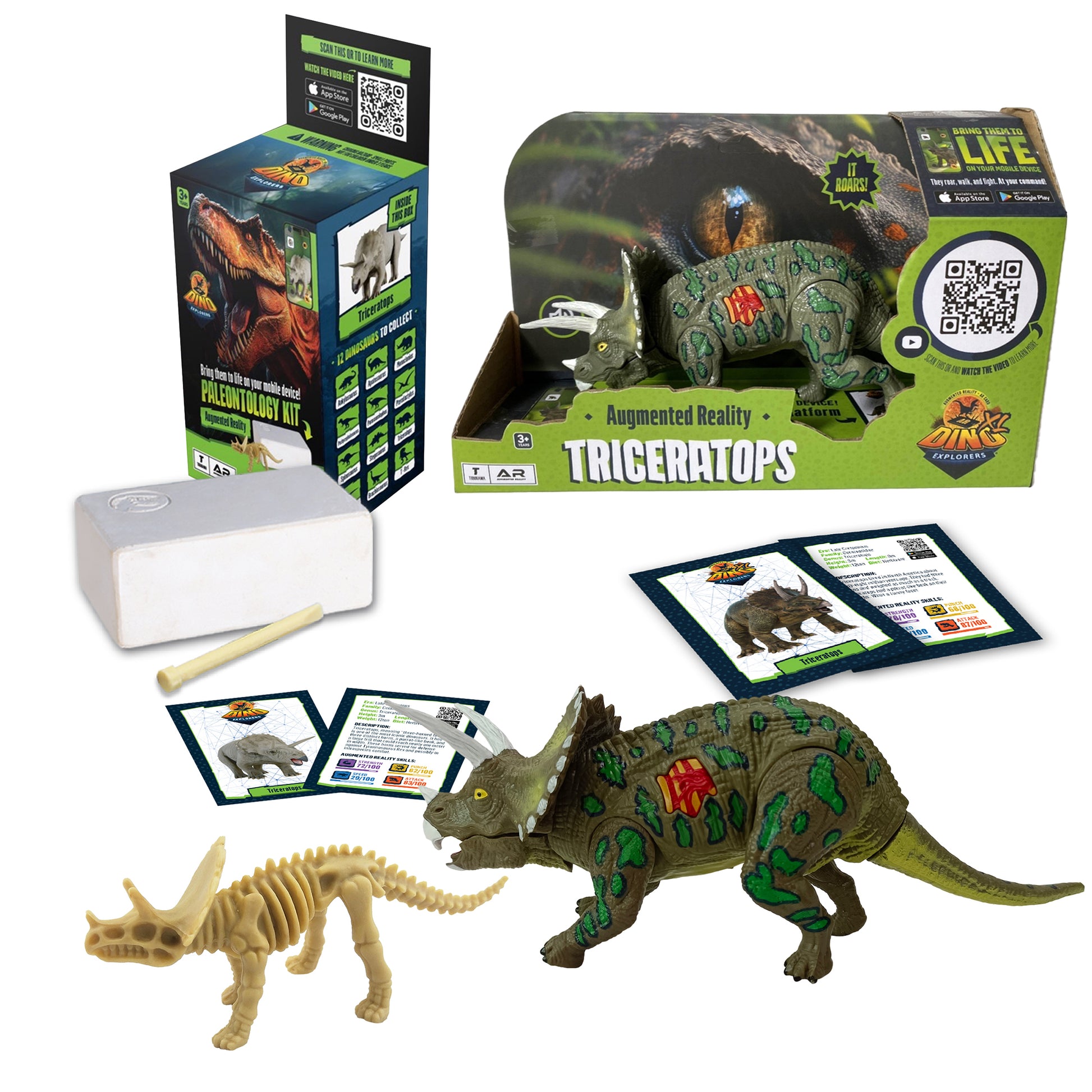 Dino Explorers AR dinosaur set with 10-inch Triceratops sound figure, skeleton fossil replica, AR-enabled dinosaur cards, excavation kit with brush, and packagi