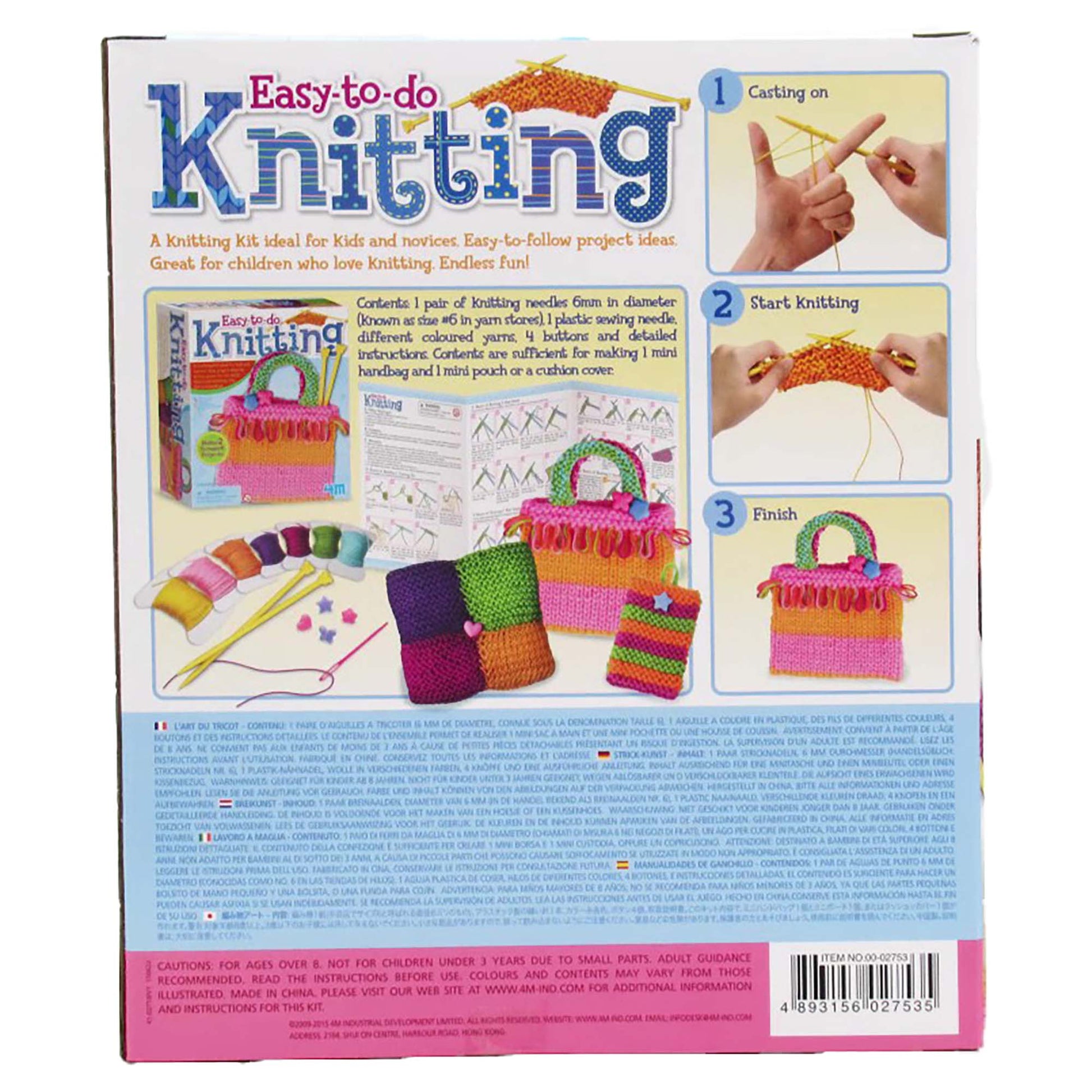 Easy-To-Do Knitting Kit with colorful yarns, needles, and finished rainbow handbag projects