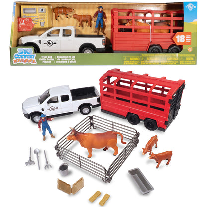 Truck & Cattle Trailer Playset - 18pc set with white pickup truck, red cattle trailer, brown cows, farmer figure, and...