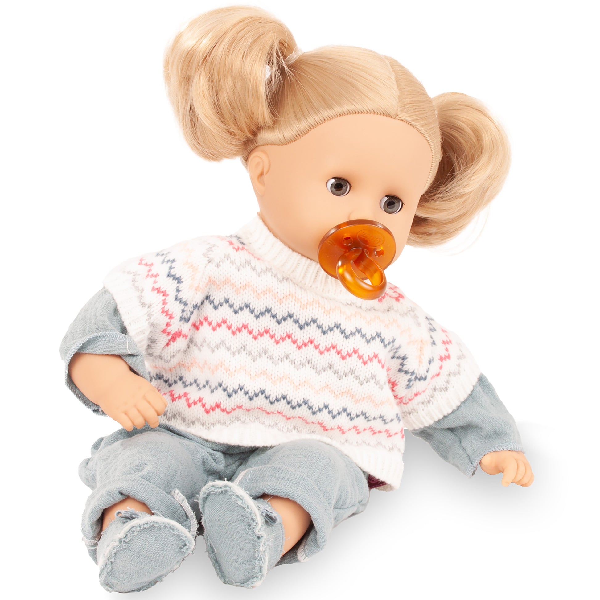 Gotz Muffin Zig Zag 13" doll with blonde hair buns, orange pacifier, chevron knit sweater