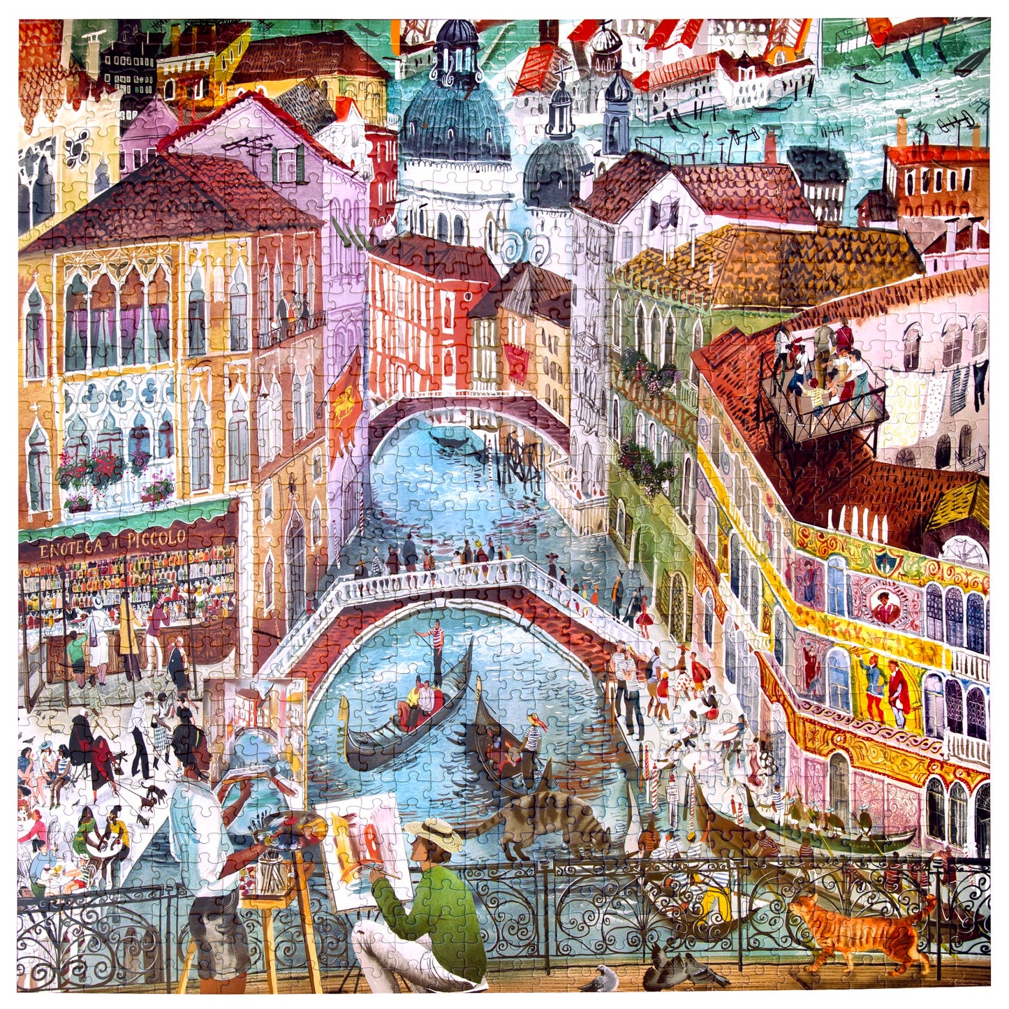 Piece&Love Artists in Venice 1000 pc Puzzle featuring colorful illustrated Venice cityscape with canals and gondolas