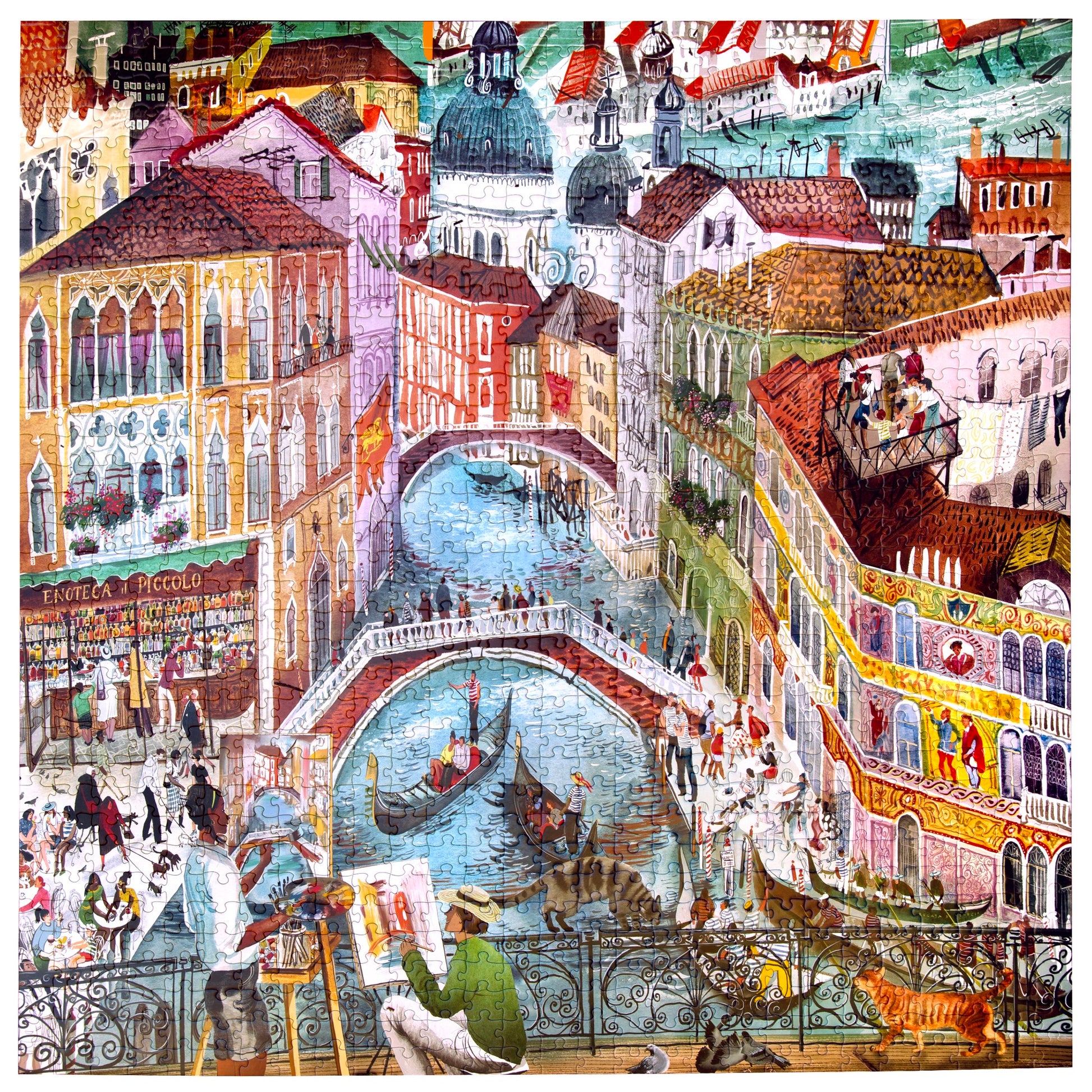 Piece&Love Artists in Venice 1000 pc Puzzle featuring colorful illustrated Venice cityscape with canals and gondolas