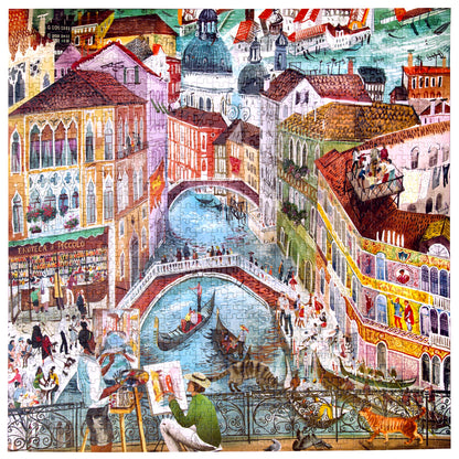 Piece&Love Artists in Venice 1000 pc Puzzle featuring colorful illustrated Venice cityscape with canals and gondolas
