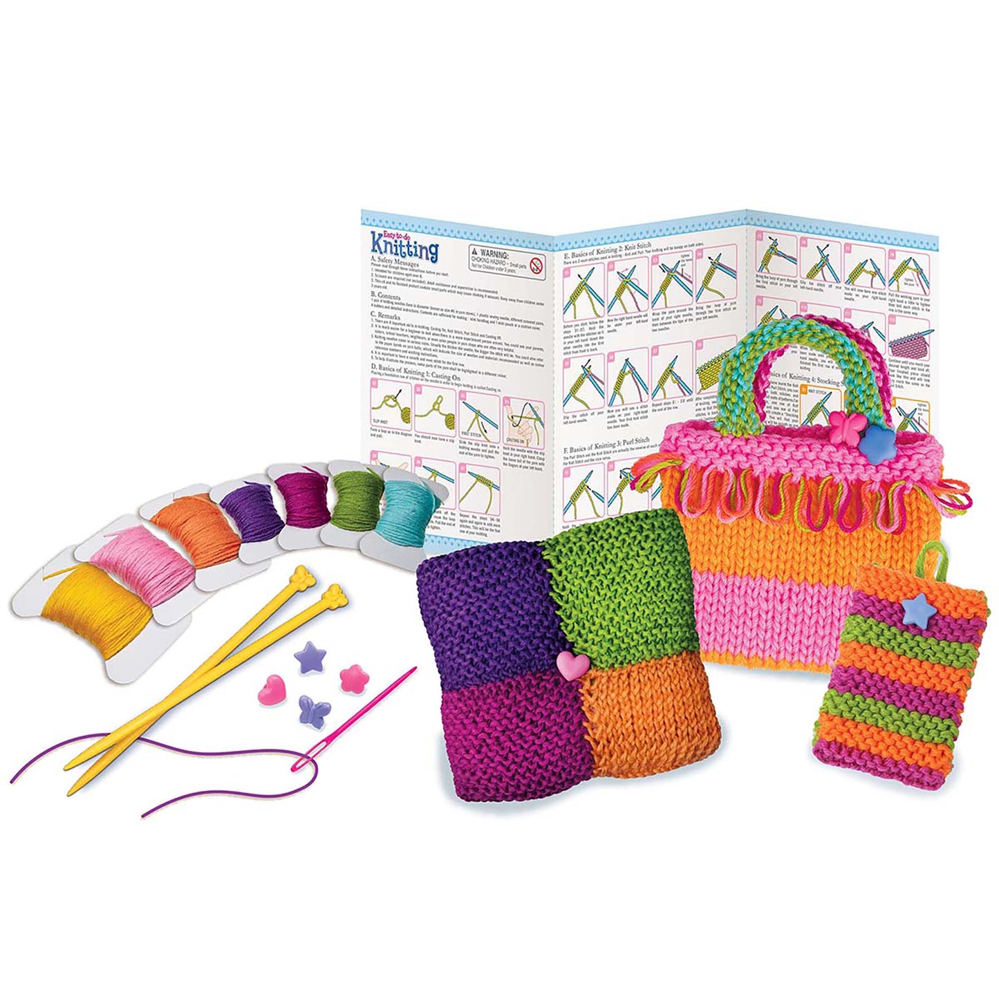 Easy-To-Do Knitting kit with colorful yarn spools, needles, instruction guide, and knitted samples
