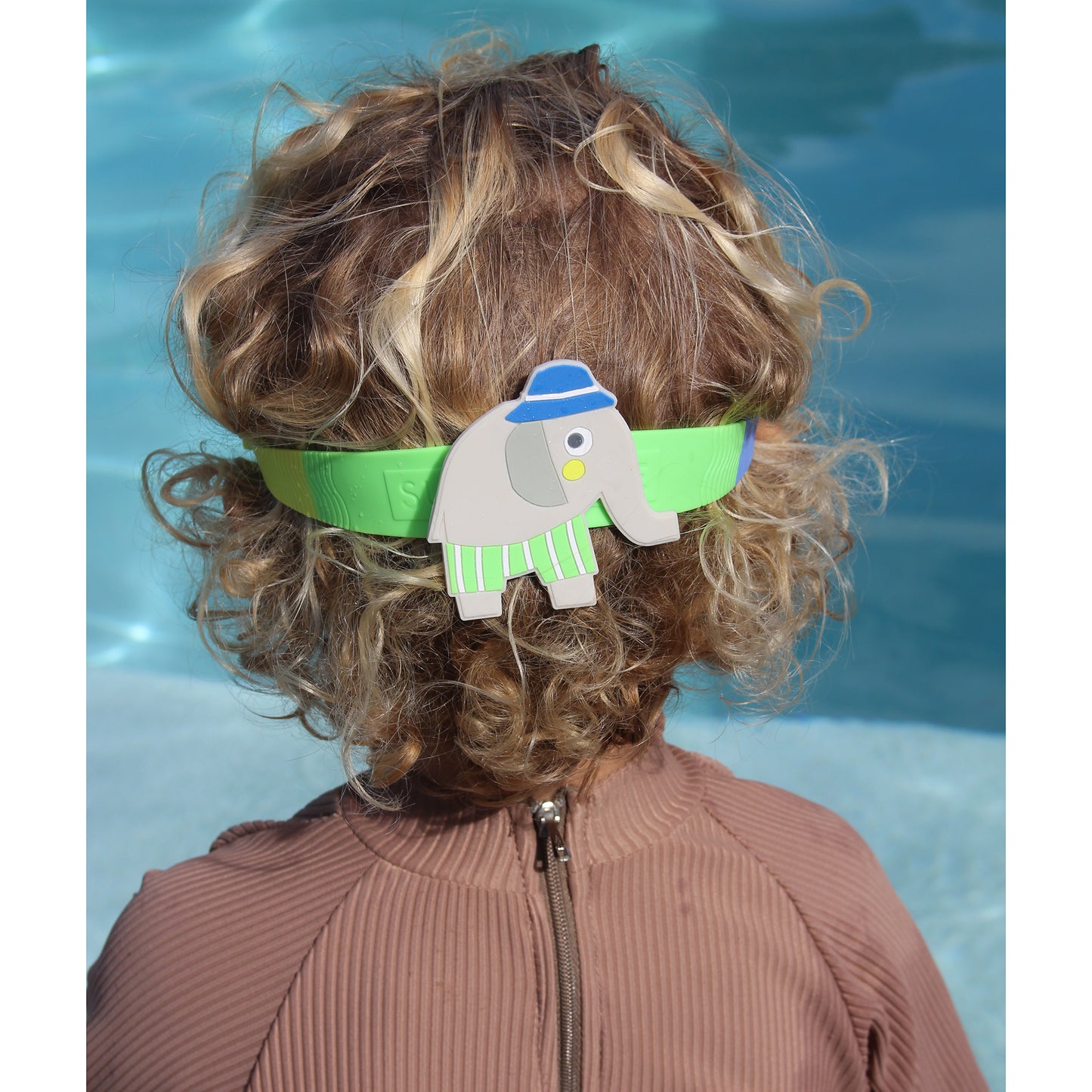 Eli the Elephant swimming goggles with green straps and blue accents