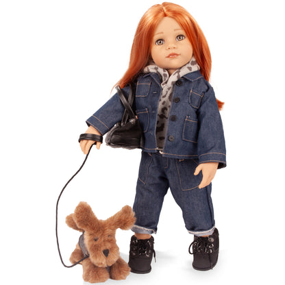 Gotz Hannah doll with red hair in denim outfit holding leash of brown plush dog Polly