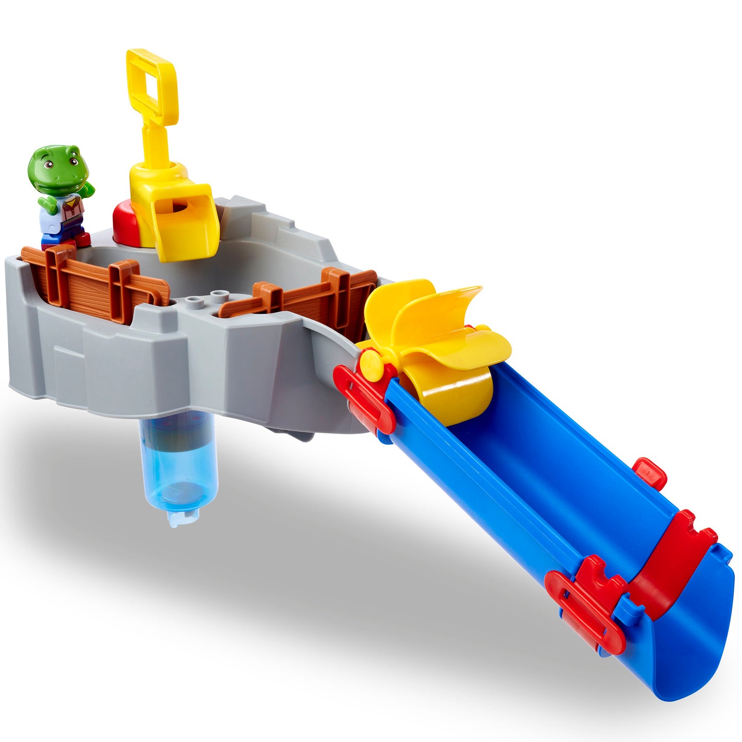 AquaPlay Sploshy Mountain water toy set with yellow crane, blue slide, and green frog figure