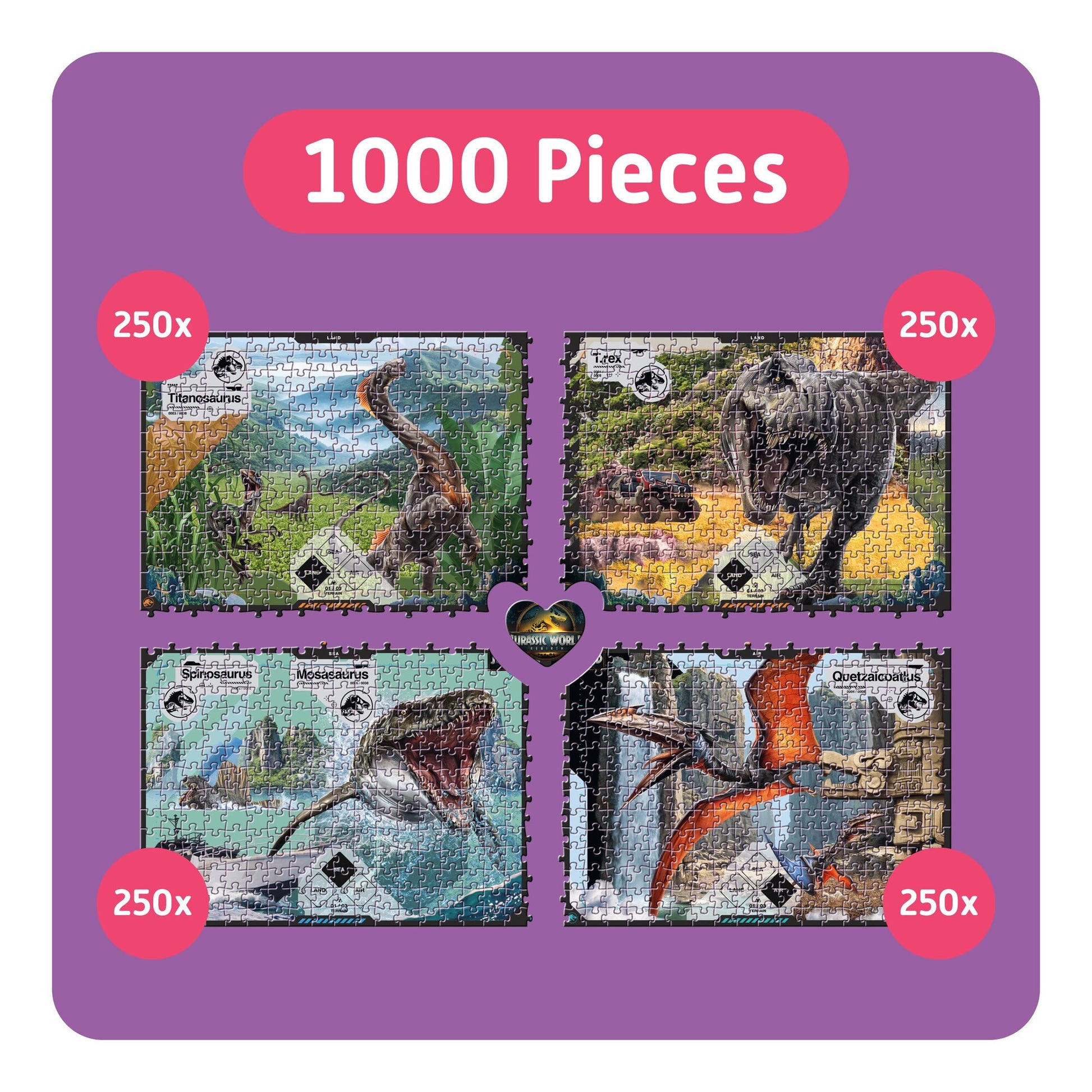 Jurassic World Rebirth 1000-piece puzzle set with 4 dinosaur designs, 250 pieces each