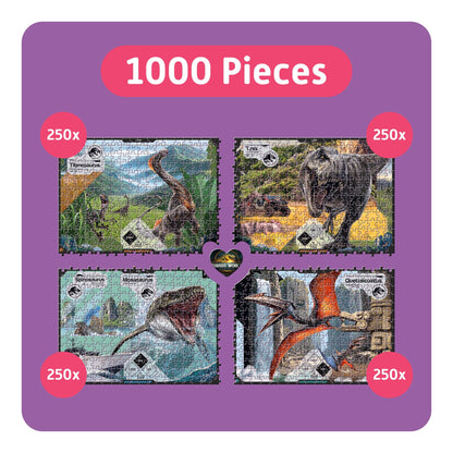 Jurassic World Rebirth 1000-piece puzzle set with 4 dinosaur designs, 250 pieces each