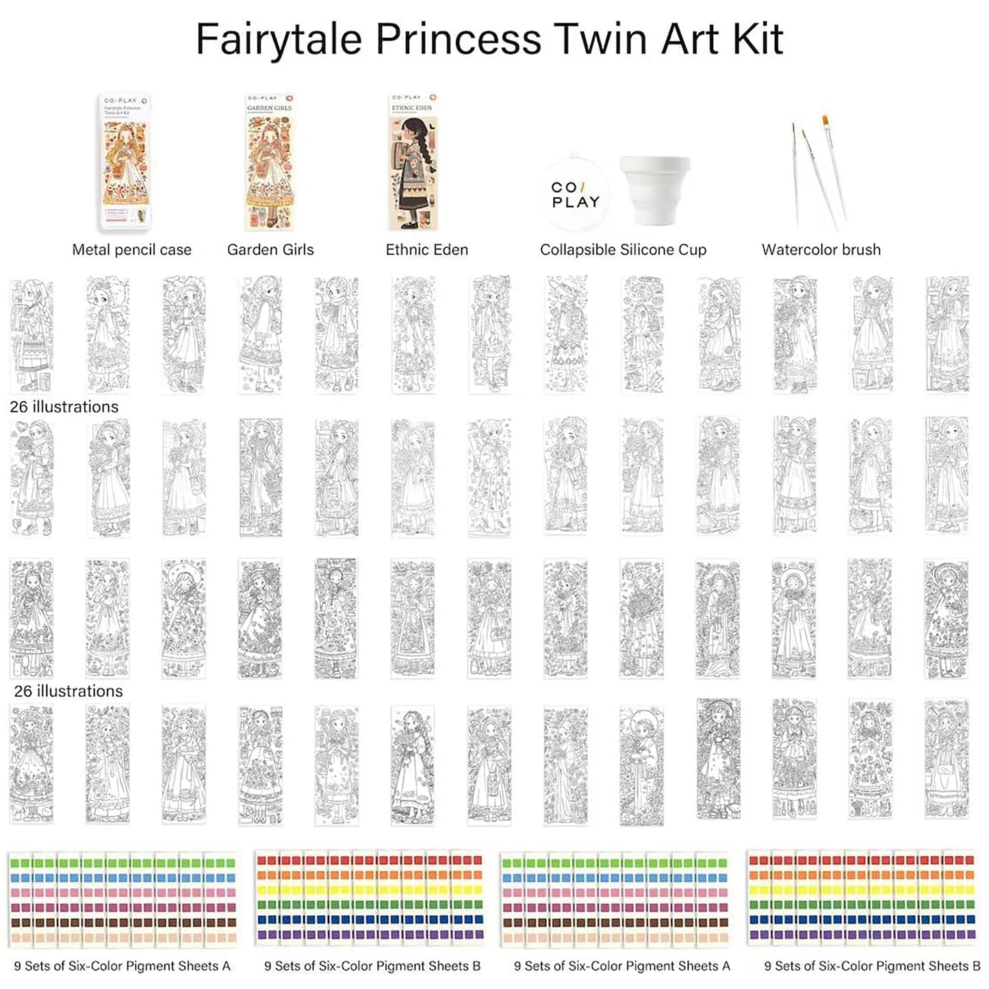 COIPLAY Fairytale Princess Twin Art Kit with 26 coloring illustrations, watercolor brush, and pigment sheets