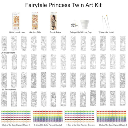 COIPLAY Fairytale Princess Twin Art Kit with 26 coloring illustrations, watercolor brush, and pigment sheets