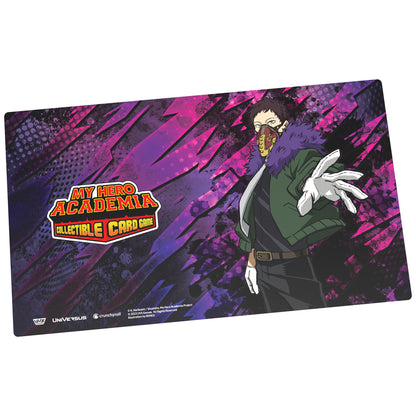 My Hero Academia Collectible Card Game playmat featuring Overhaul character with white bird against purple and magenta abstract background, 24x14 inch gaming ma