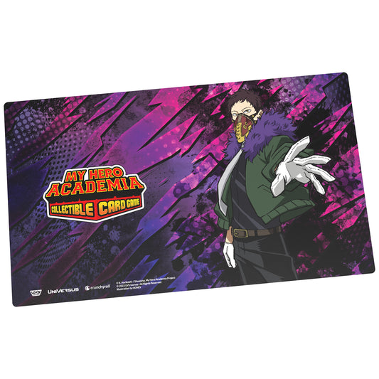 My Hero Academia Collectible Card Game playmat featuring Overhaul character with white bird against purple and magenta abstract background, 24x14 inch gaming ma