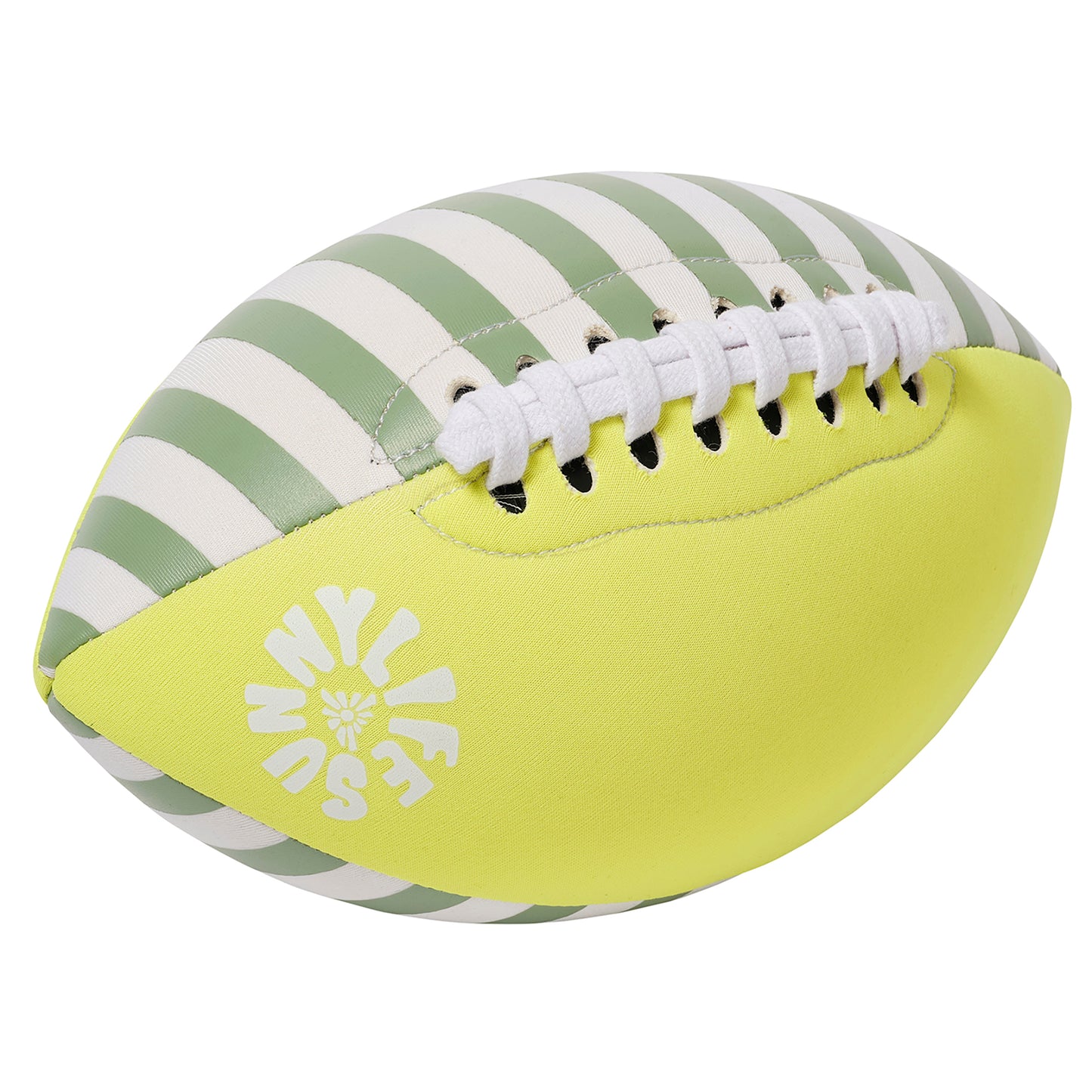 Neoprene football with yellow body, white laces, and green and white striped panel design