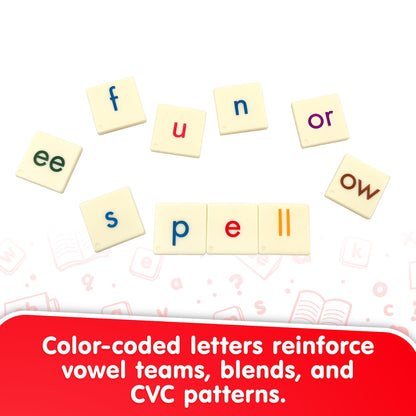 Spell the Beans letter tiles game with color-coded vowels and consonants for learning phonics