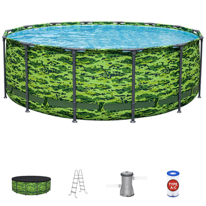 Steel Pro MAX Camo Pool Set 14' x 48" with green camouflage frame, ladder, pump, and filter