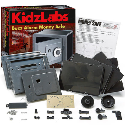 KidsLabs Buzz Alarm Money Safe STEM building kit with gray safe, dial lock, and black assembly parts