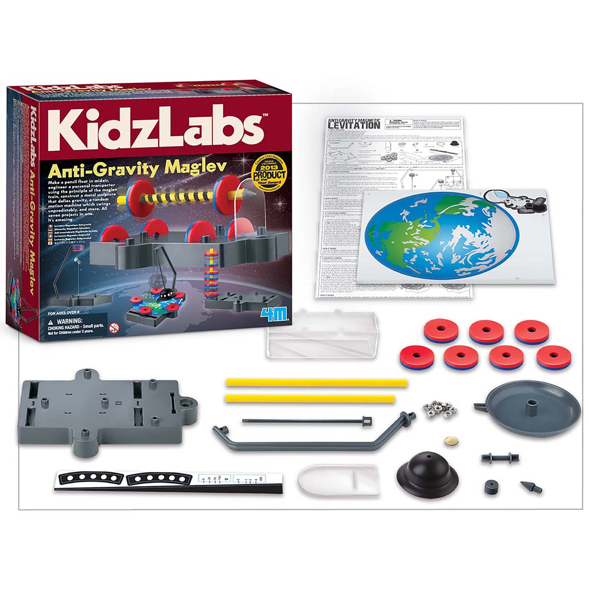 KidzLabs Anti-Gravity Maglev kit with red magnetic discs, yellow rods, and instruction materials