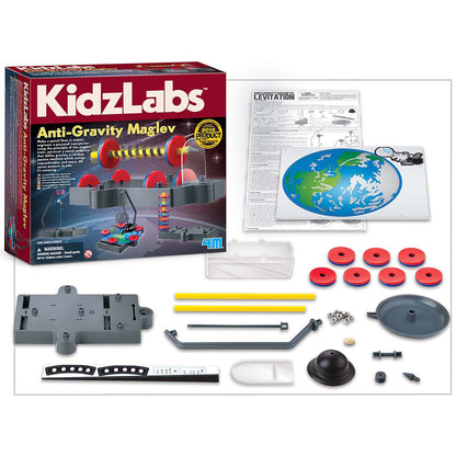KidzLabs Anti-Gravity Maglev kit with red magnetic discs, yellow rods, and instruction materials