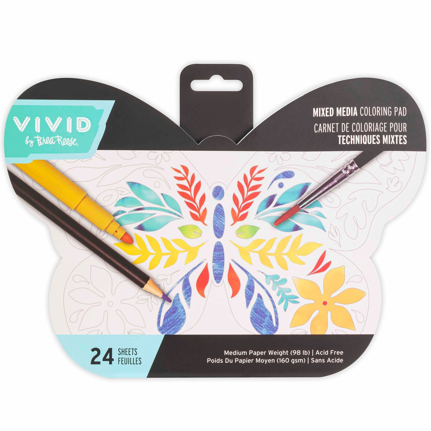 VIVID Mixed Media Coloring Pad Butterfly with 24 sheets, markers and brush