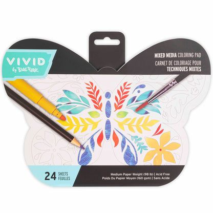 VIVID Mixed Media Coloring Pad Butterfly with 24 sheets, markers and brush