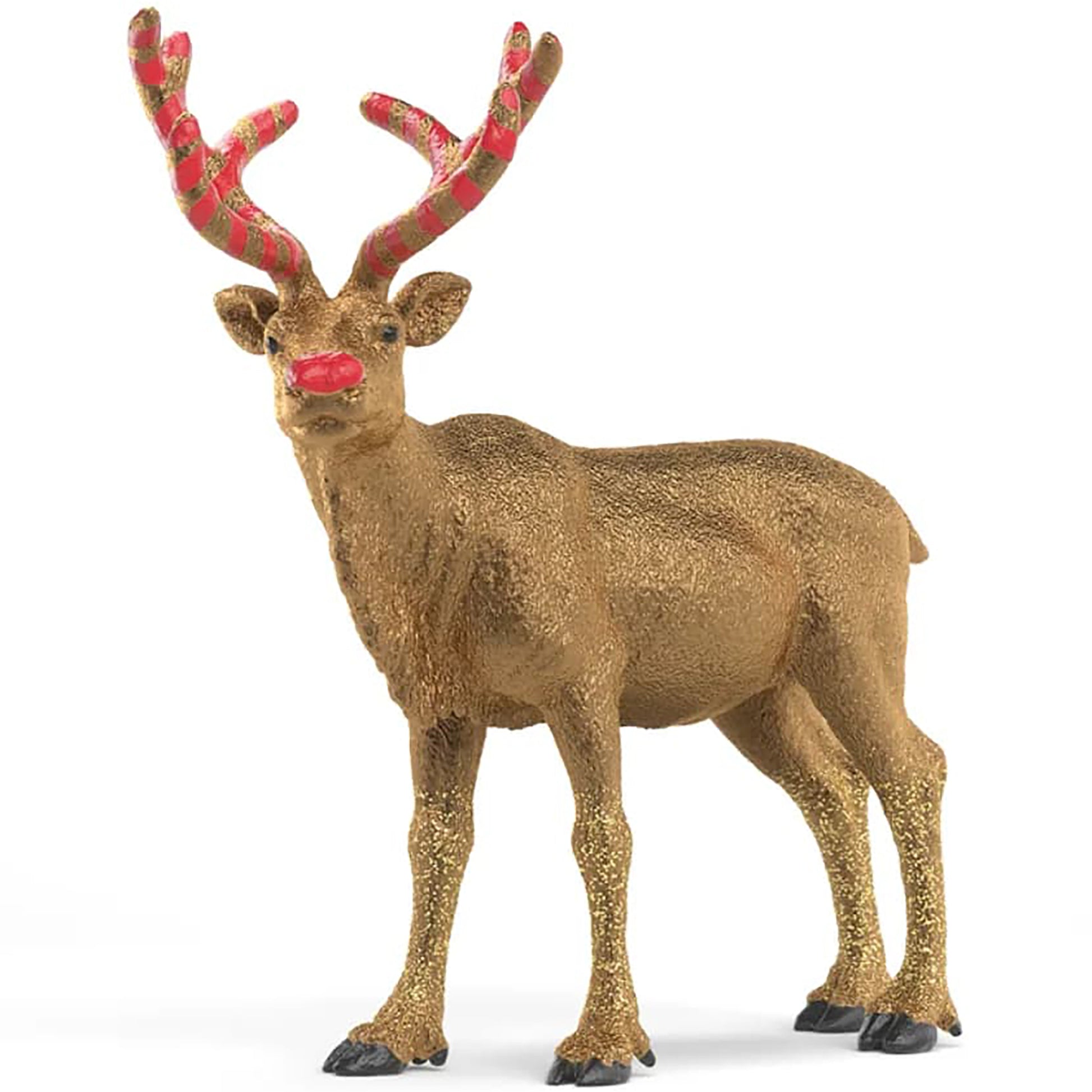 Wild Life Golden Anniversary Reindeer toy with gold glitter finish, red nose and striped antlers