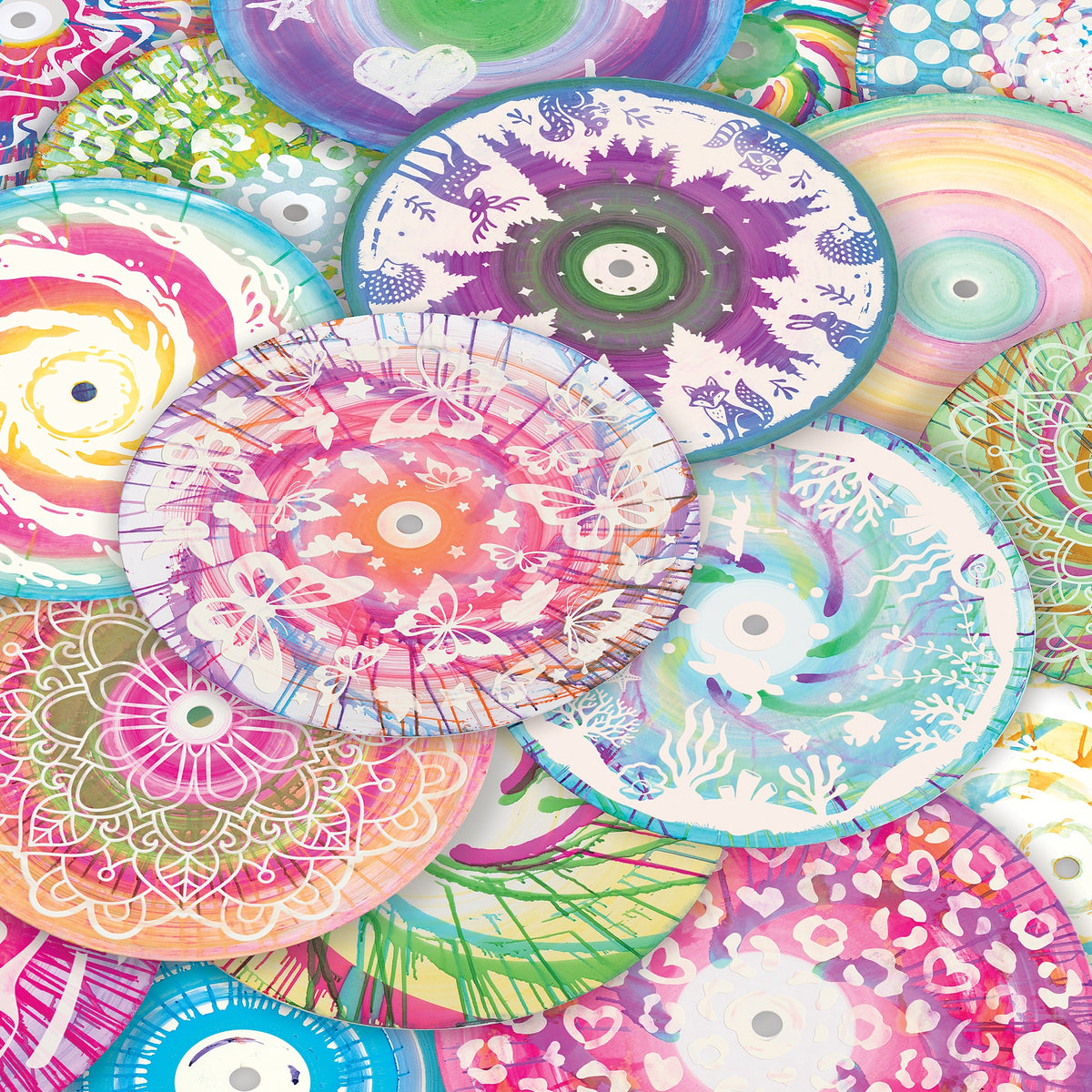 Make It Real Ultimate Spin Art Studio with colorful decorated spin art discs in pink, purple, green, and blue