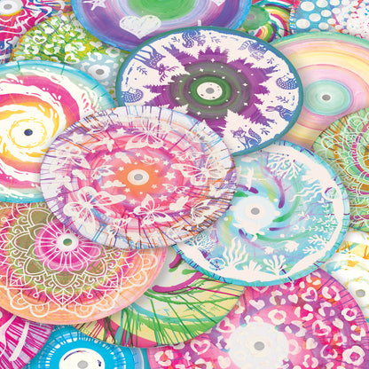 Make It Real Ultimate Spin Art Studio with colorful decorated spin art discs in pink, purple, green, and blue