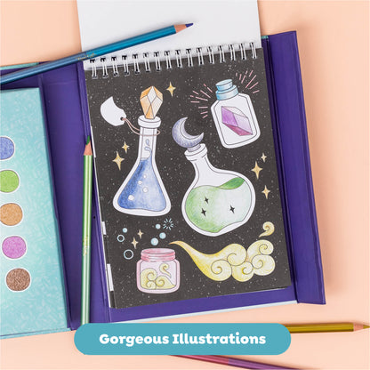 Pencil Art: Metallic Blend & Shade coloring book with celestial potion and crystal illustrations, metallic pencils, a...