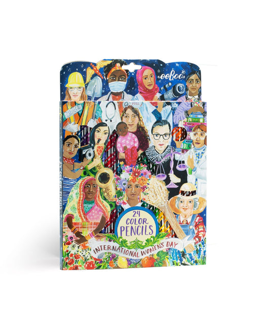 24-piece colored pencil set with International Women's Day theme, featuring illustrated diverse women in various professions on the packaging
