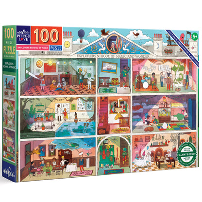 100 Piece Puzzle: Explorers School of Magic colorful illustrated puzzle box showing magical school scenes