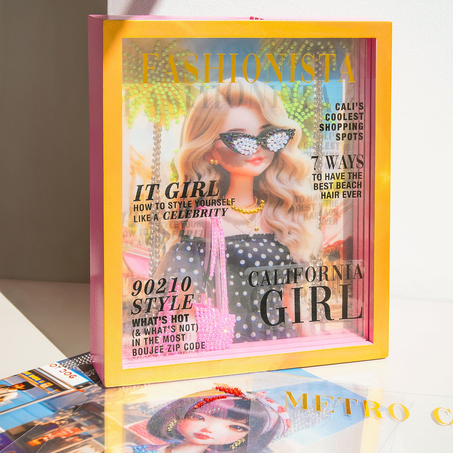 Shadbow Box Kit: Luxe Life Cover Girls fashion doll display with yellow frame and magazine cover design
