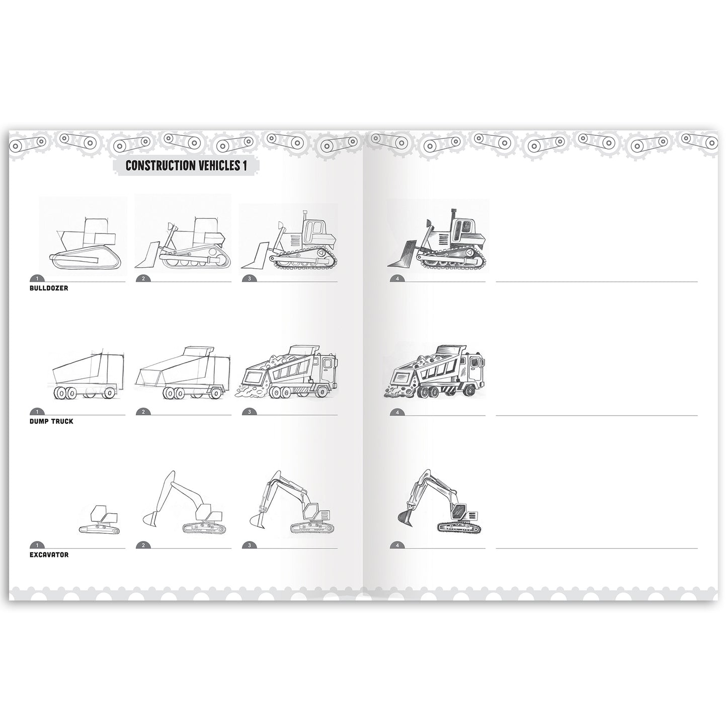 Learn to Draw: Vehicles book showing construction vehicles like bulldozers and dump trucks