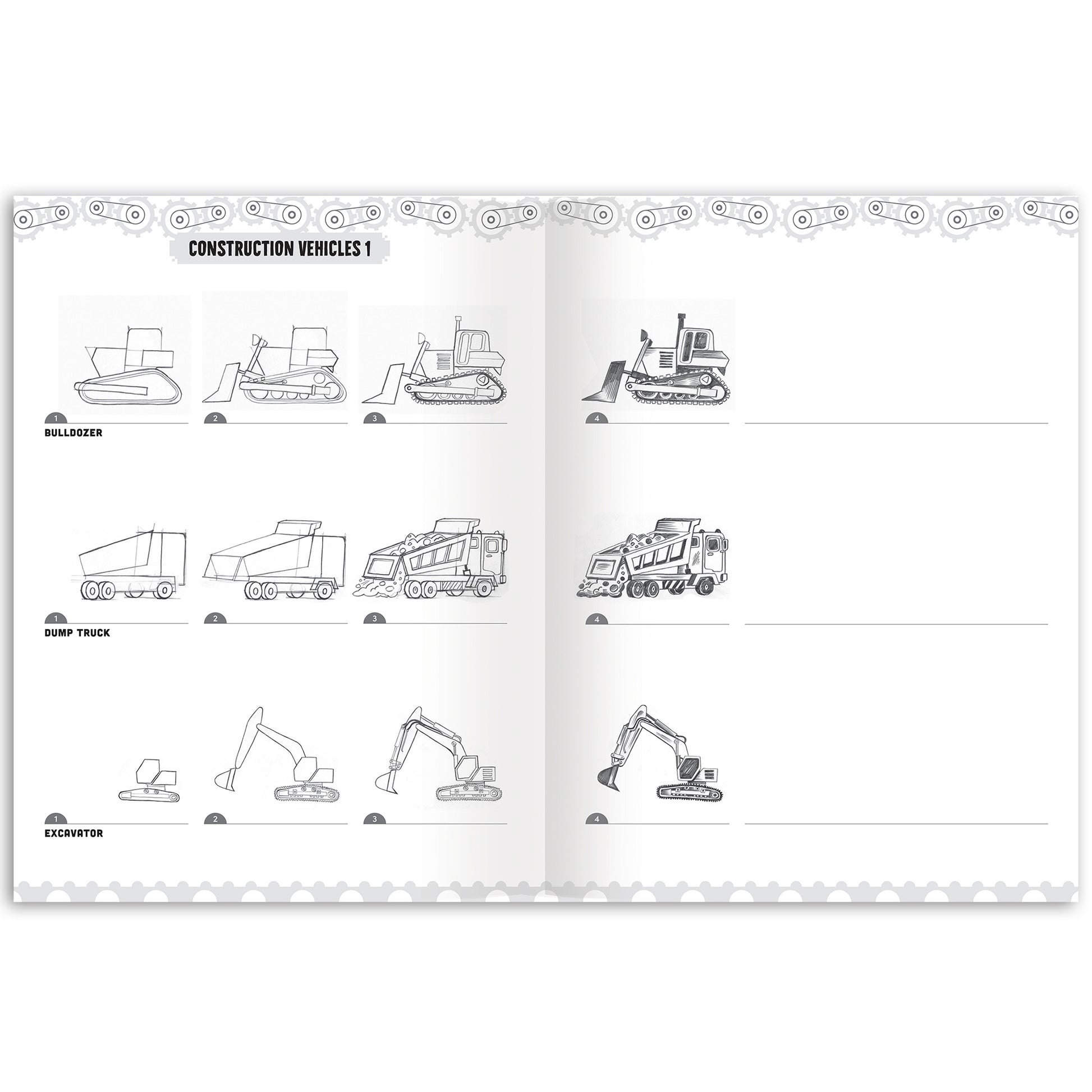Learn to Draw: Vehicles book showing construction vehicles like bulldozers and dump trucks
