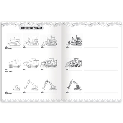 Learn to Draw: Vehicles book showing construction vehicles like bulldozers and dump trucks