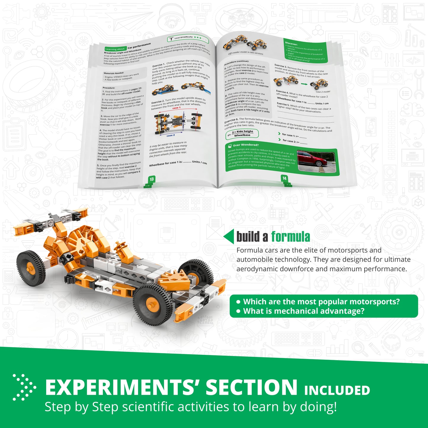 Engino How Cars Work STEM building set with orange and black formula car model and instruction manual