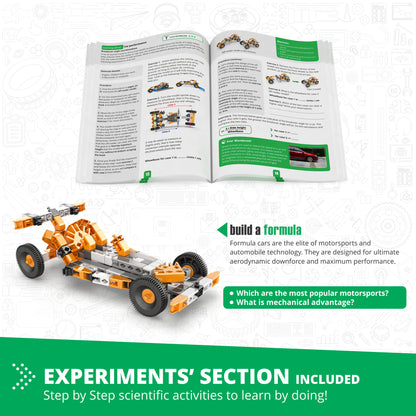 Engino How Cars Work STEM building set with orange and black formula car model and instruction manual