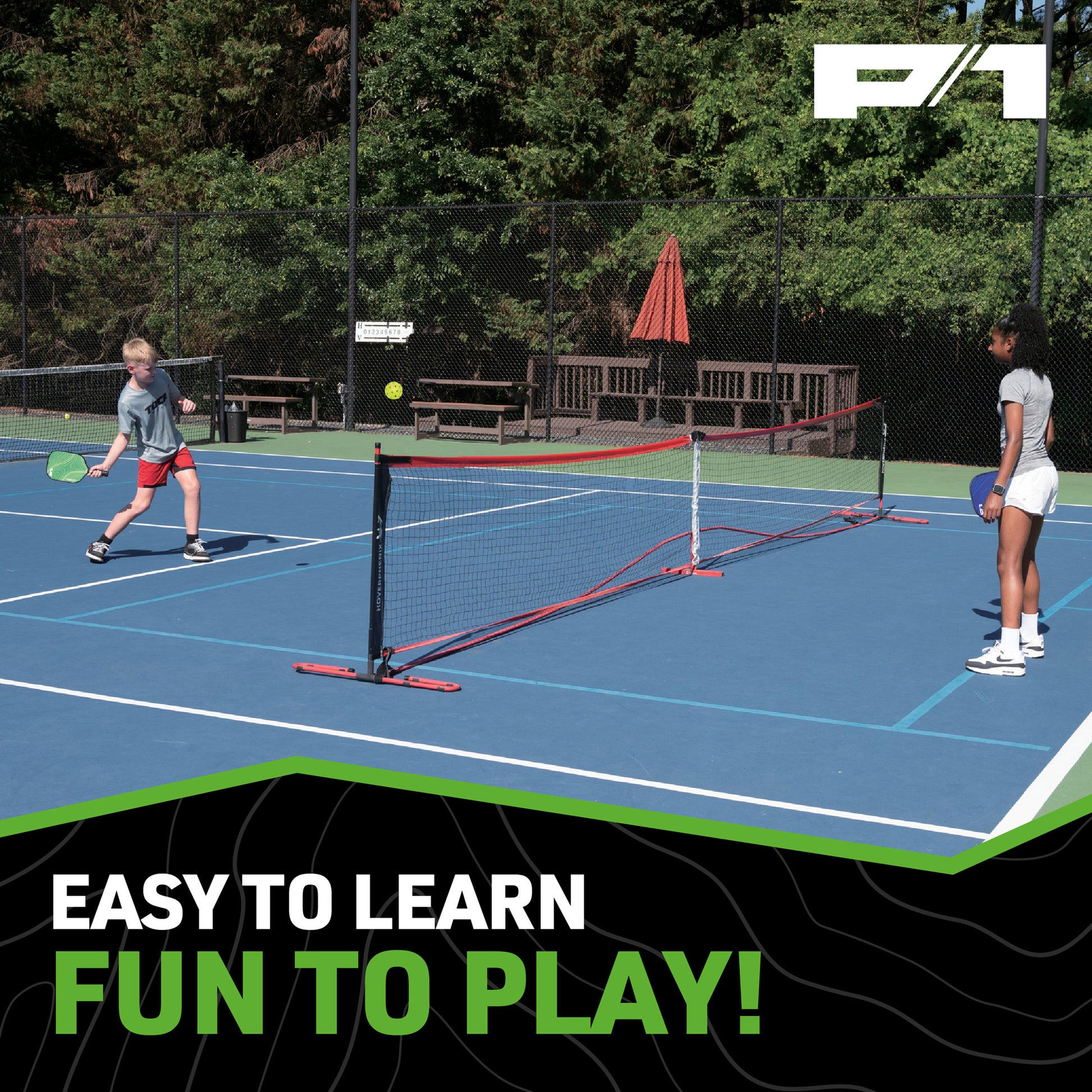 Do-U-Play Pickleball Starter Kit with red net, paddles, and yellow ball on blue court