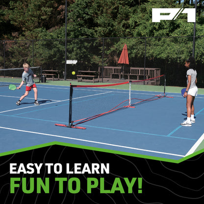 Do-U-Play Pickleball Starter Kit with red net, paddles, and yellow ball on blue court