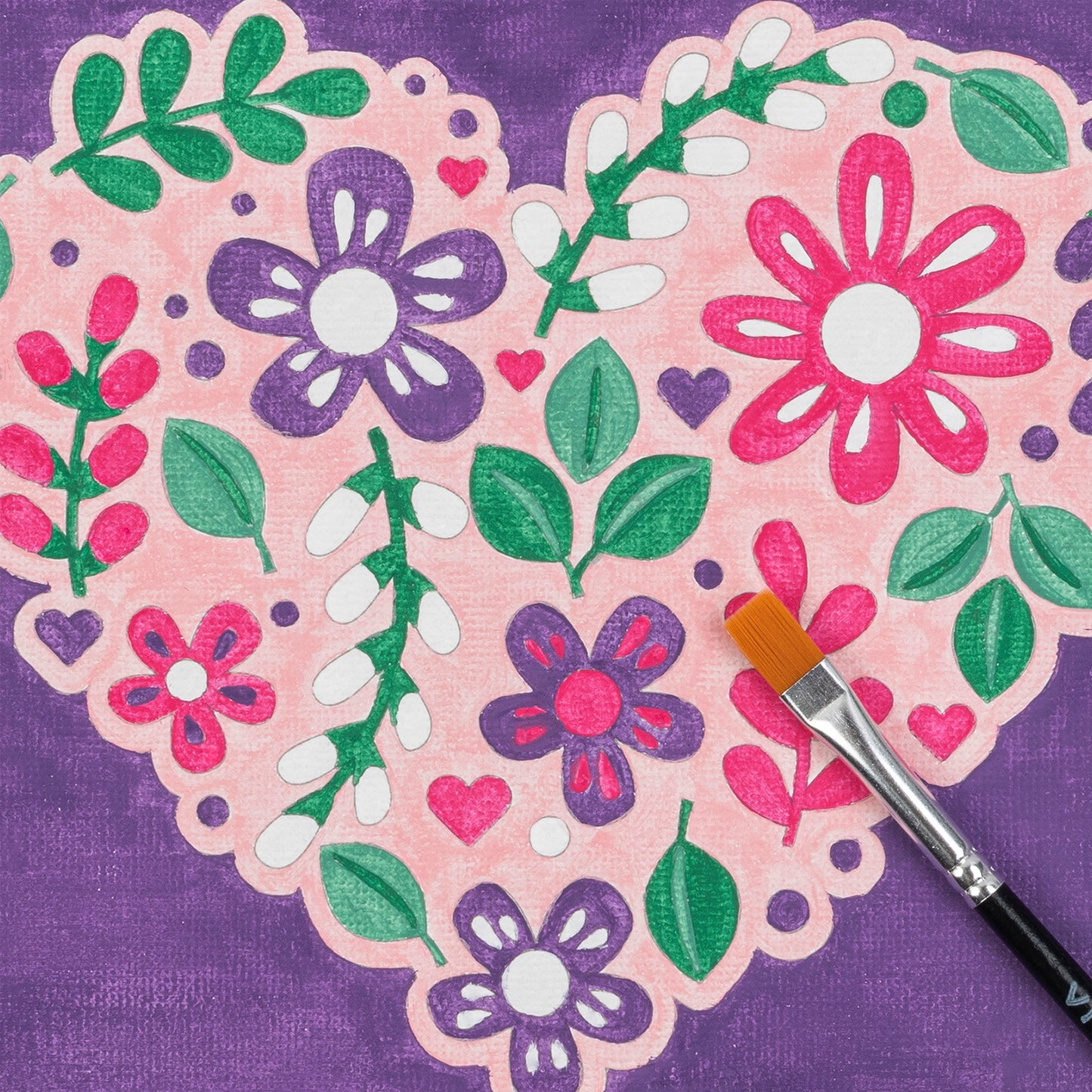 Mini Paint By Number Flower Heart craft kit with pink heart design, colorful flowers, and paintbrush