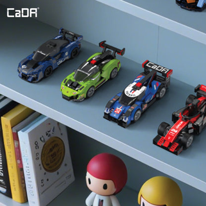 CaDA Night Flash Race Car Building Set with blue, green, and red race cars displayed on shelf