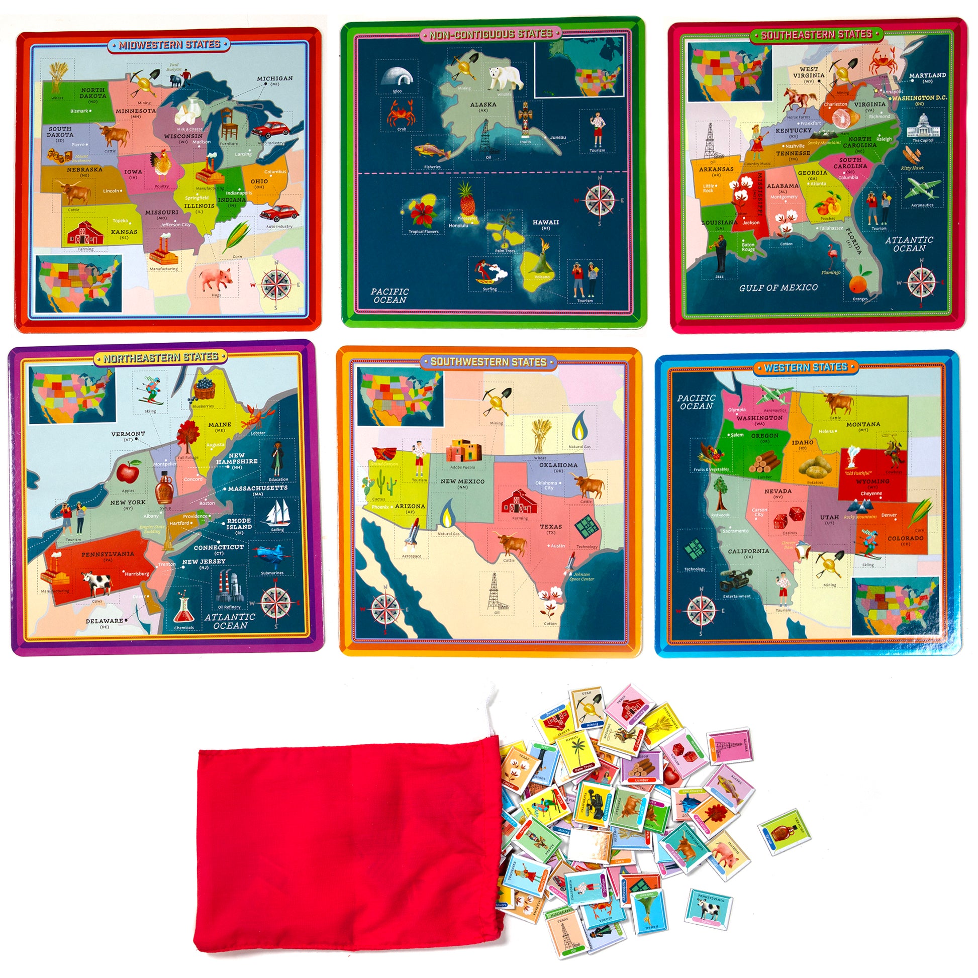 Bingo Geography United States game with 6 colorful regional maps and bingo cards in red pouch