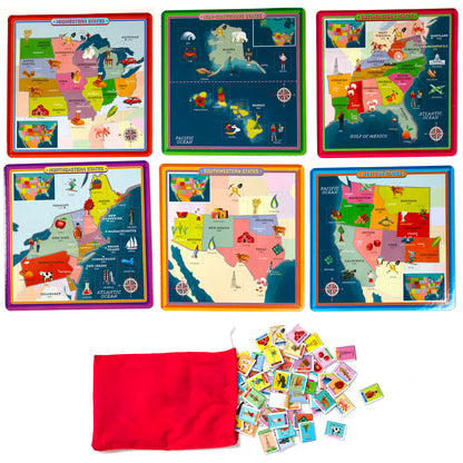 Bingo Geography United States game with 6 colorful regional maps and bingo cards in red pouch