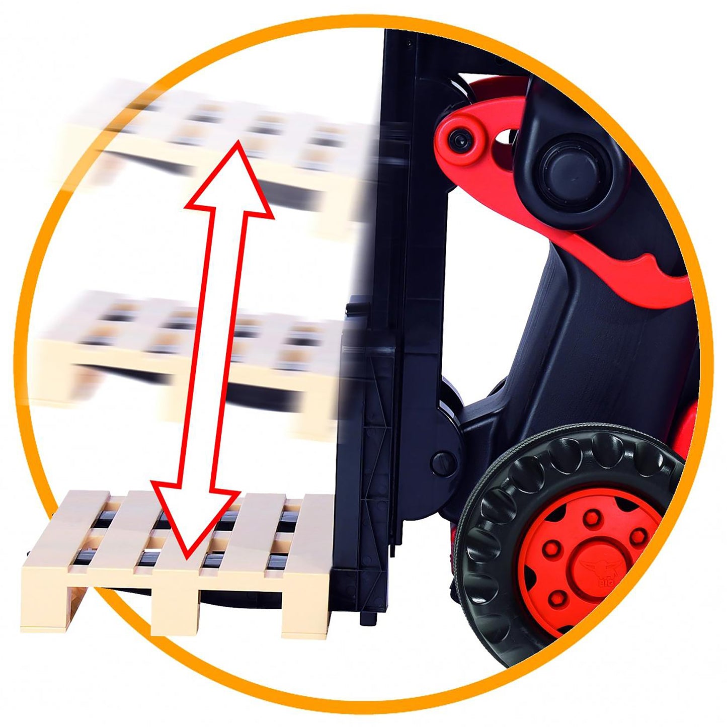BIG Linde red and black pedal-powered forklift ride-on toy with working lift mechanism
