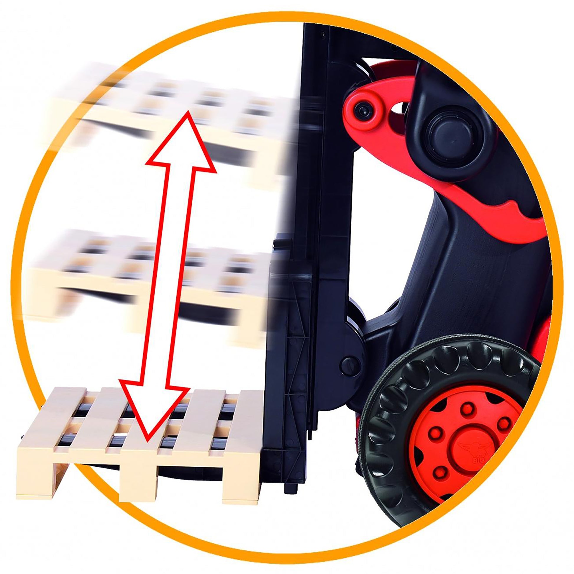 BIG Linde red and black pedal-powered forklift ride-on toy with working lift mechanism