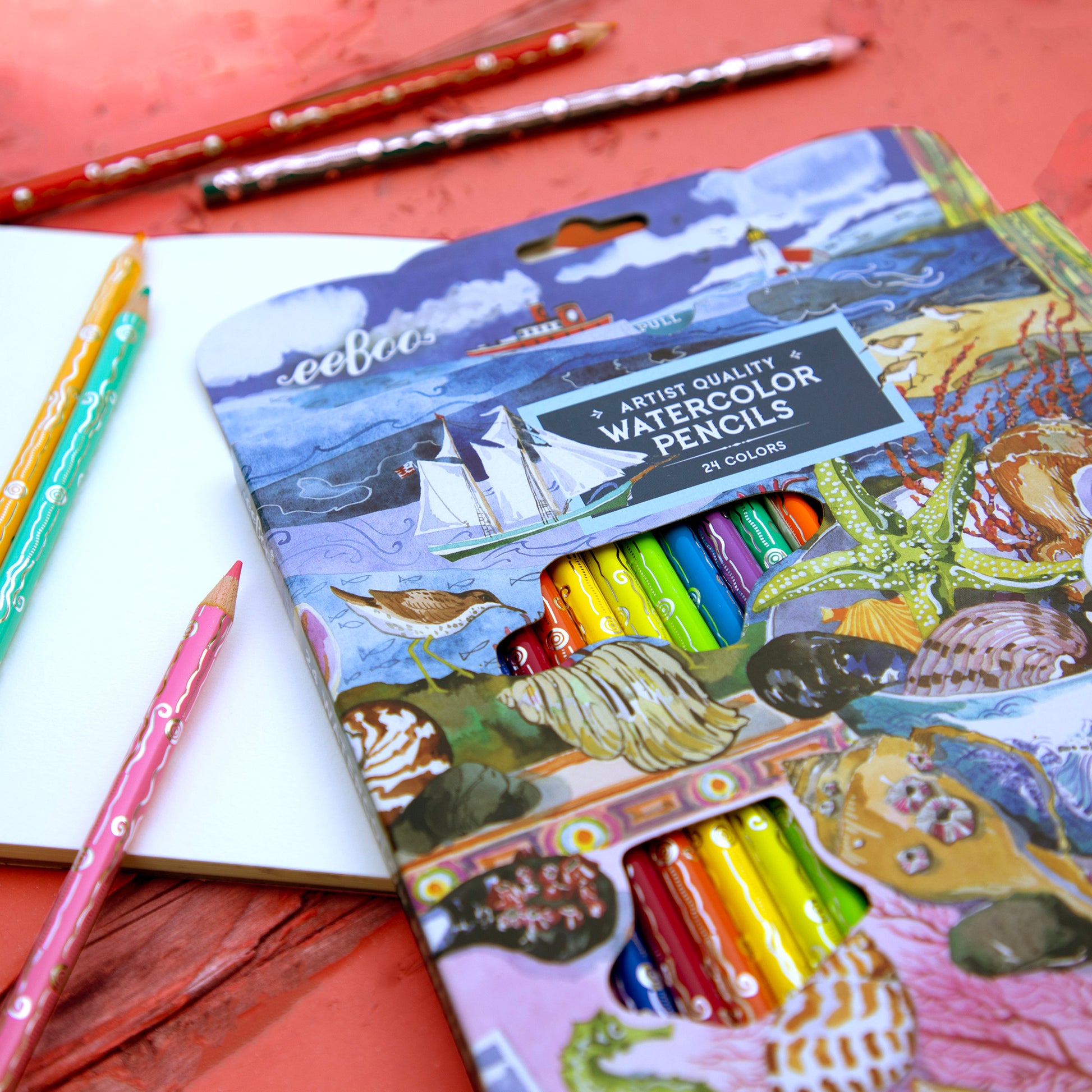 eeBoo Watercolor Pencils set with colorful pencils and illustrated seashell design pad