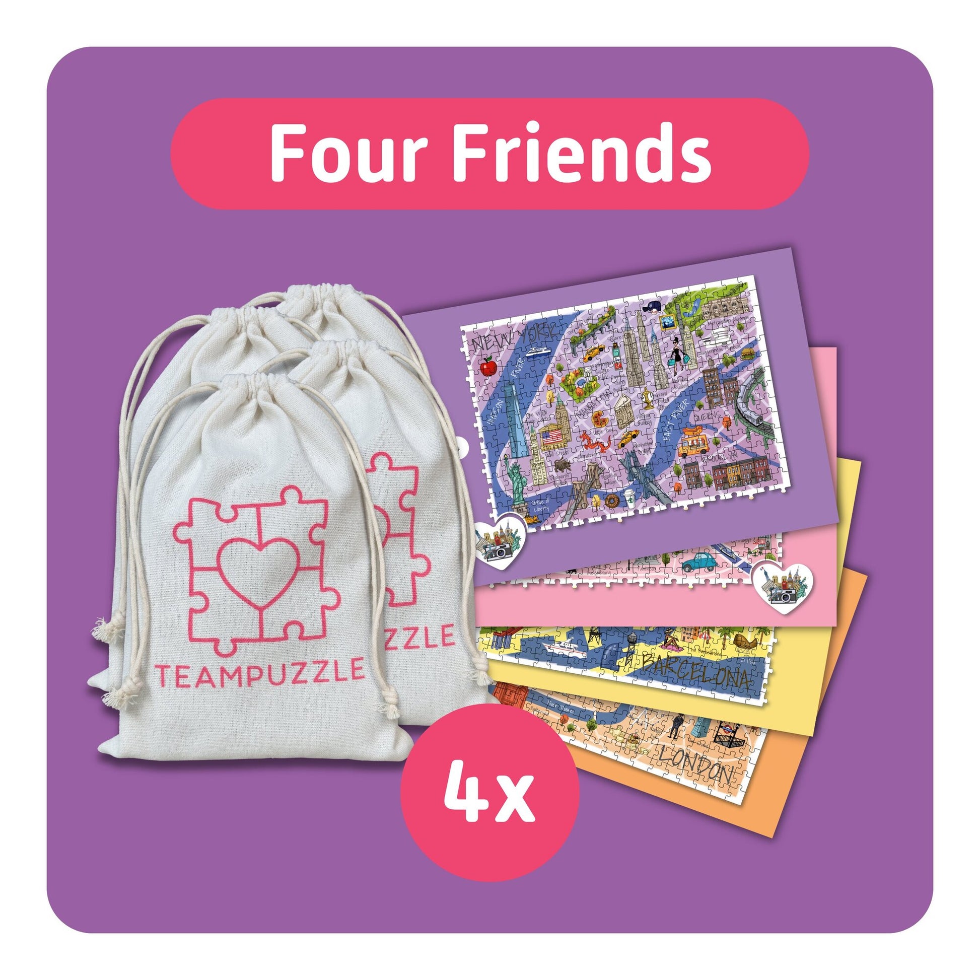 TEAMPUZZLE City Trip 4-pack jigsaw puzzles in cream drawstring bag on purple background