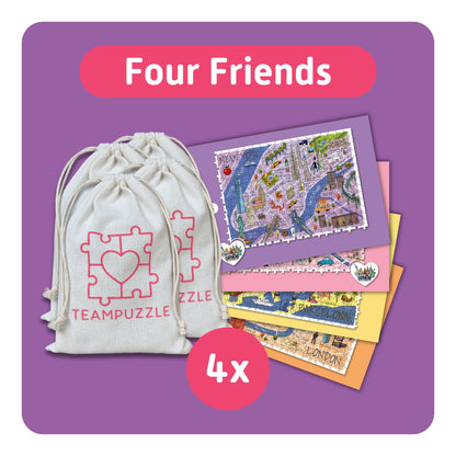 TEAMPUZZLE City Trip 4-pack jigsaw puzzles in cream drawstring bag on purple background